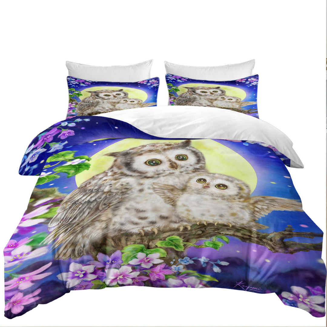 Flowers and Moonlight Owls King Quilt Cover