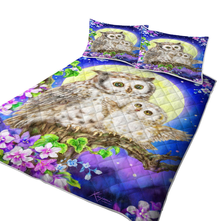 Flowers and Moonlight Owls Twin Quilt
