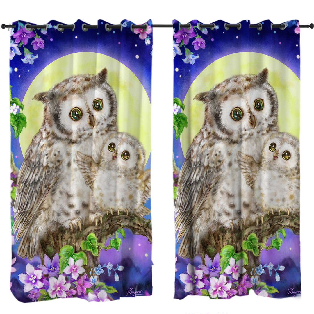 Flowers and Moonlight Owls Window Curtains