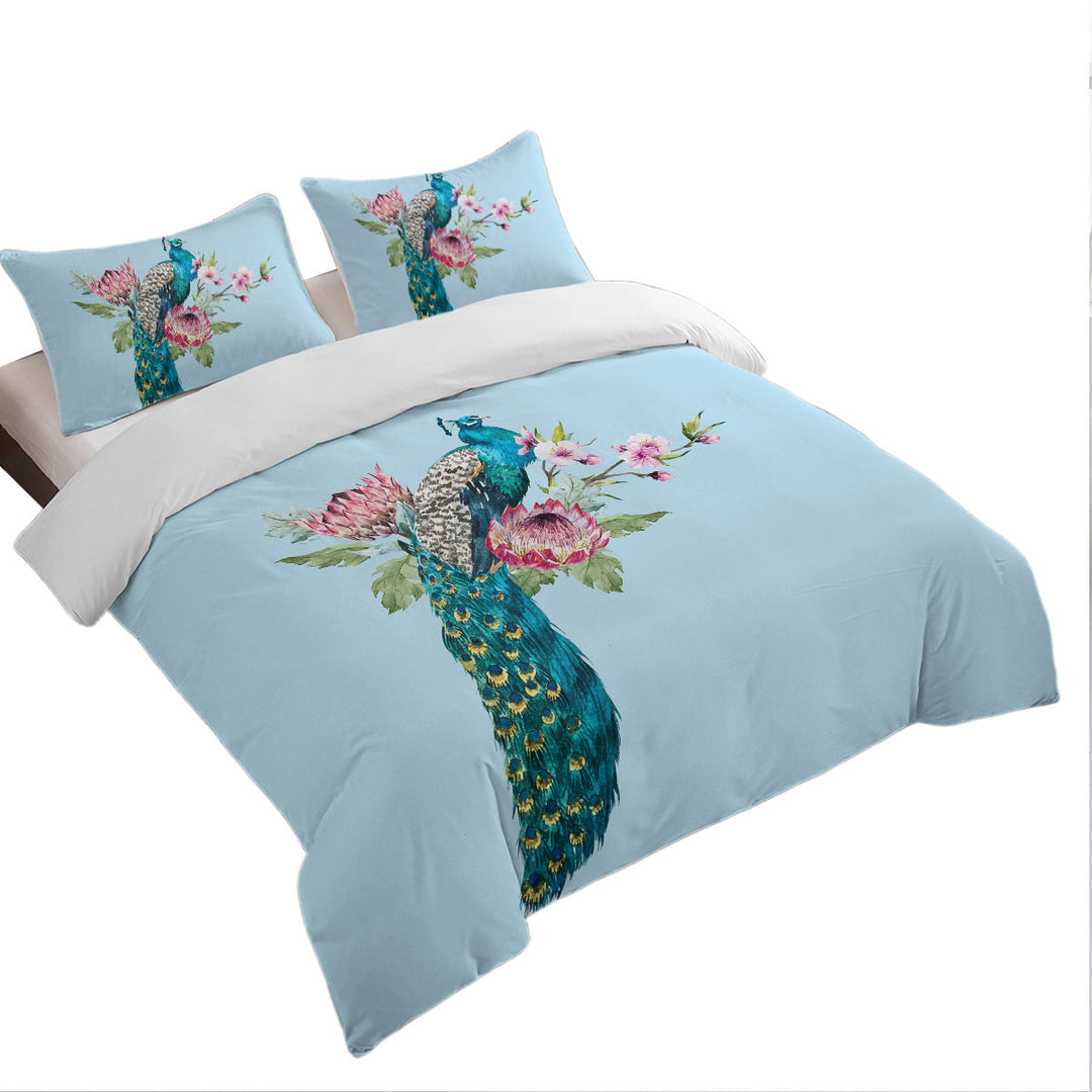 Flowers and Peacock Duvet Cover