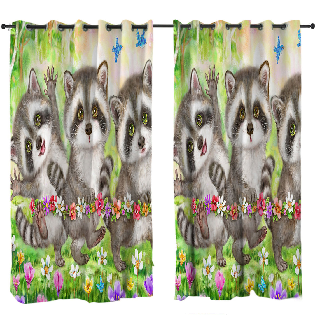 Flowers and Three Raccoons in the Forest Drapery