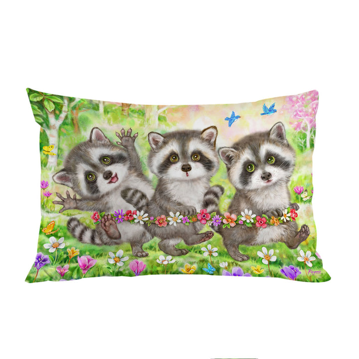 Flowers and Three Raccoons in the Forest Pillow Case Covers