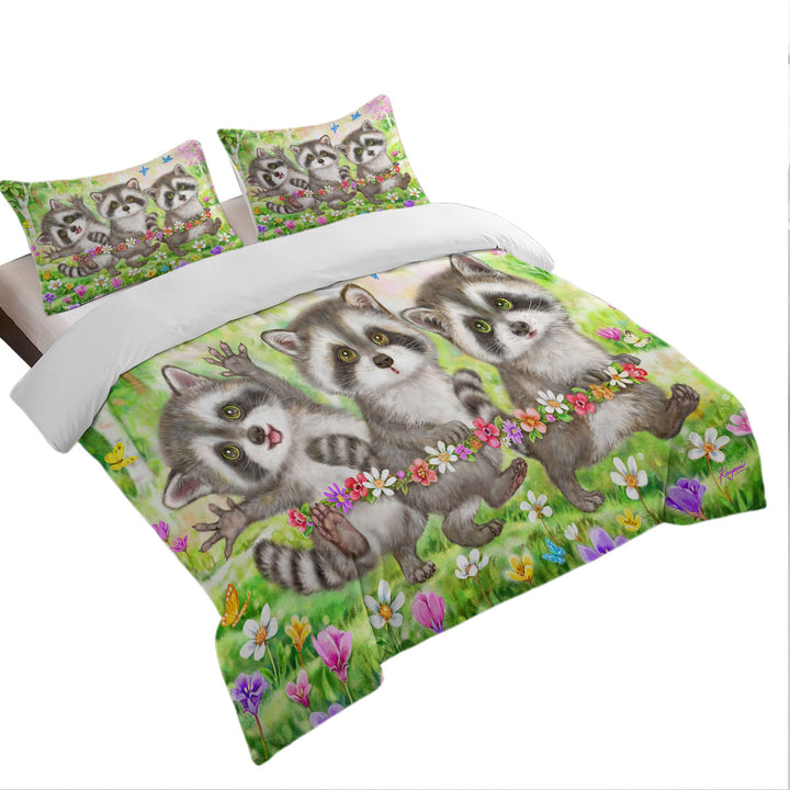 Flowers and Three Raccoons in the Forest Queen Size Duvet Cover