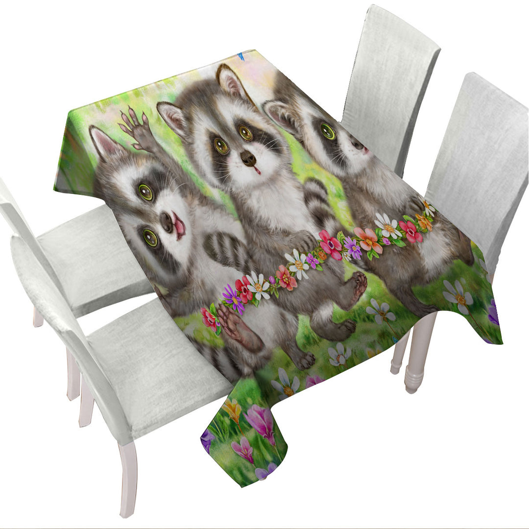 Flowers and Three Raccoons in the Forest Tablecloths