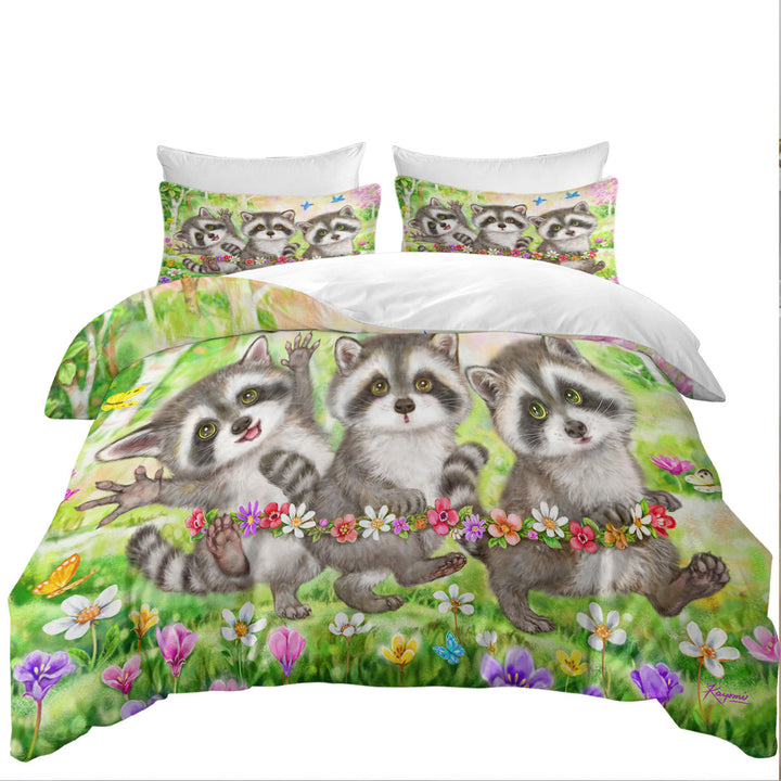 Flowers and Three Raccoons in the Forest Twin Duvet Covers