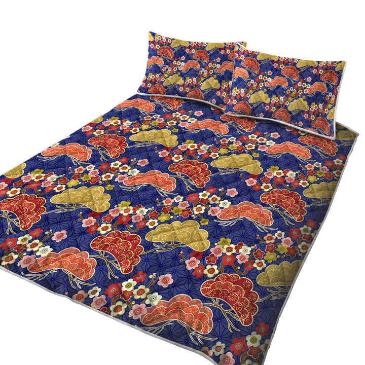 Flowers and Trees Asian Japanese Design King Size Bedspreads