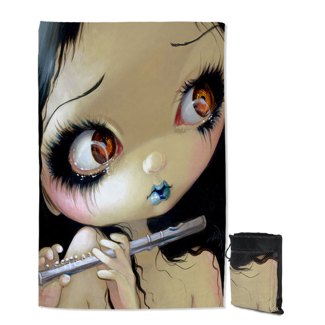Flute Quick Dry Beach Towel Faces of Faery _168 Cute Girl Playing the Flute