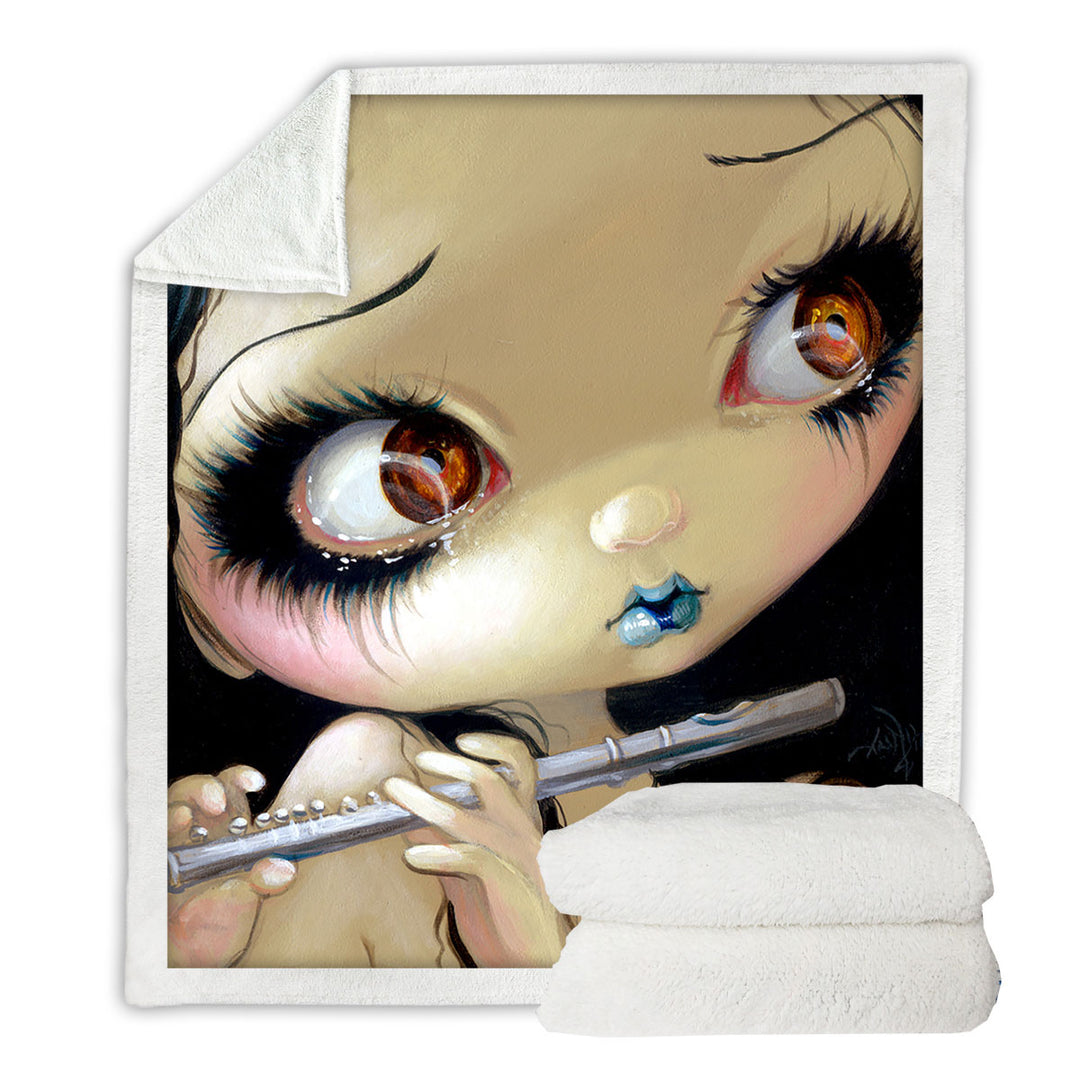 Flute Throw Blanket Faces of Faery _168 Cute Girl Playing the Flute