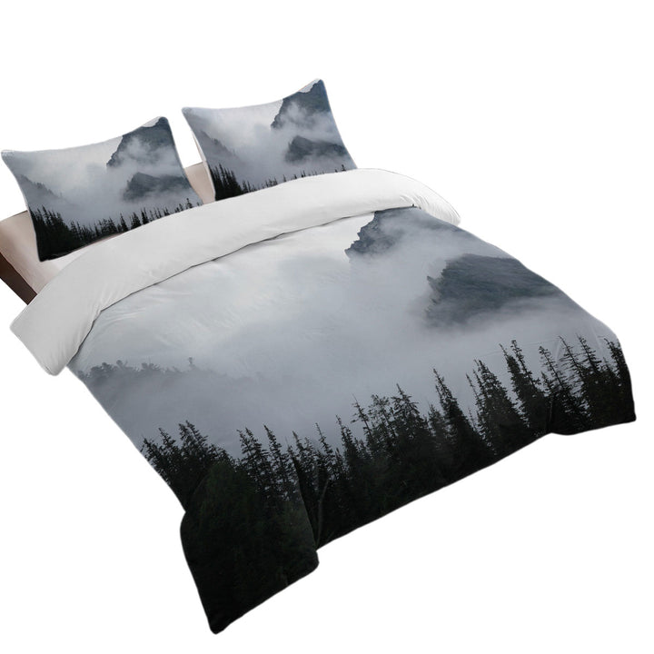 Foggy Mountain and Pine Trees Duvet Cover Queen