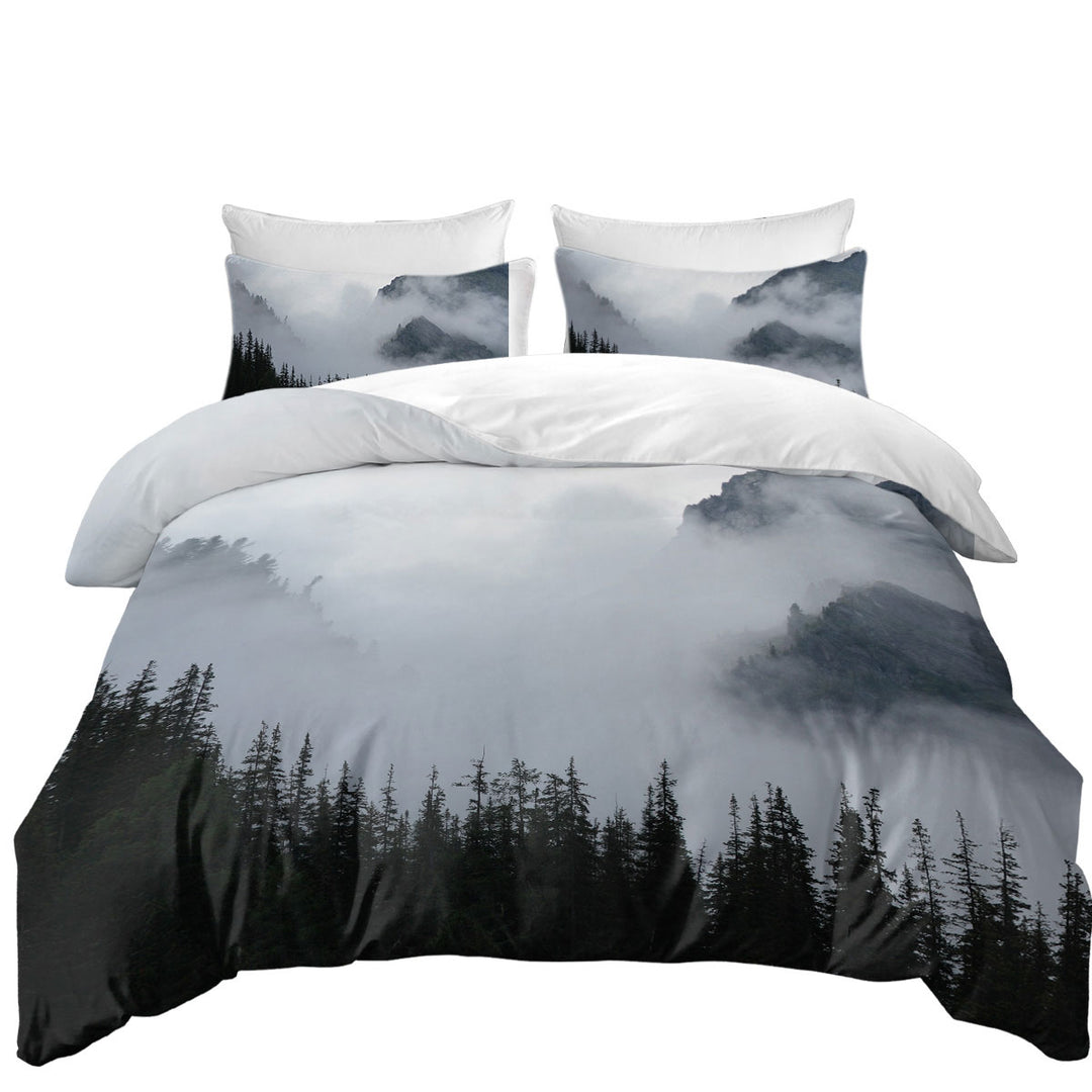Foggy Mountain and Pine Trees Duvet Covers King