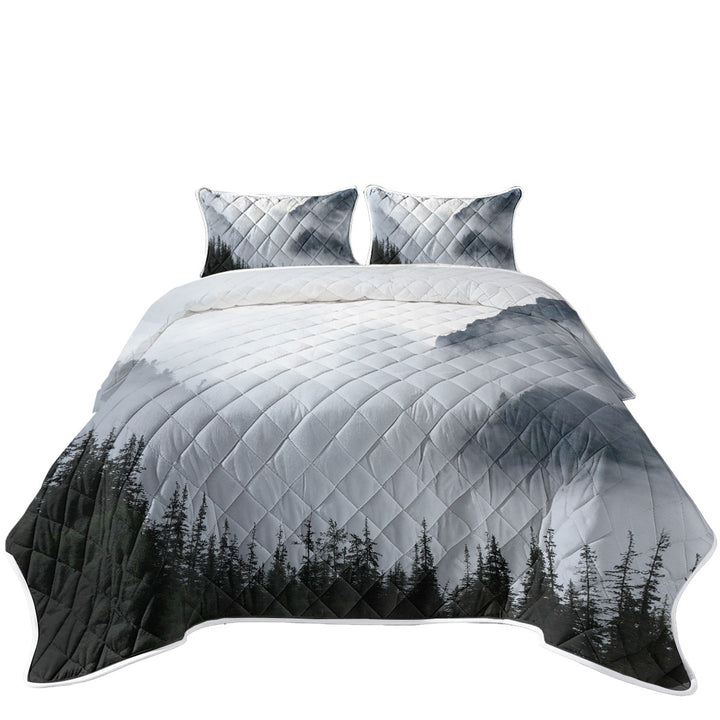 Foggy Mountain and Pine Trees King Size Quilt Sets