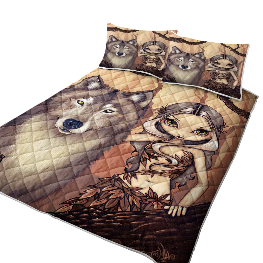 Forest Elf Girl and Her Wolf Coverlets