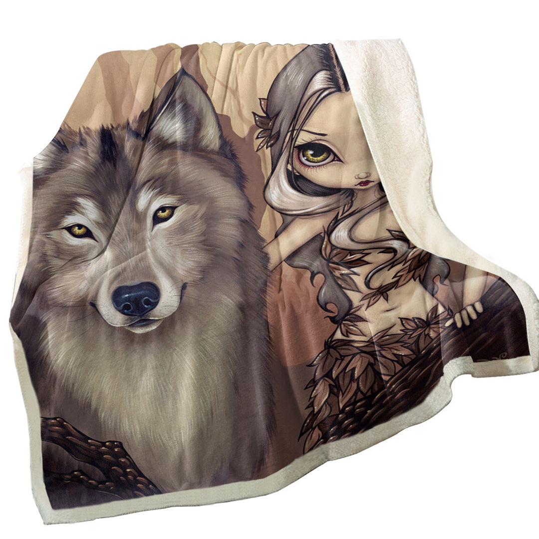Forest Elf Girl and Her Wolf Fleece Blankets
