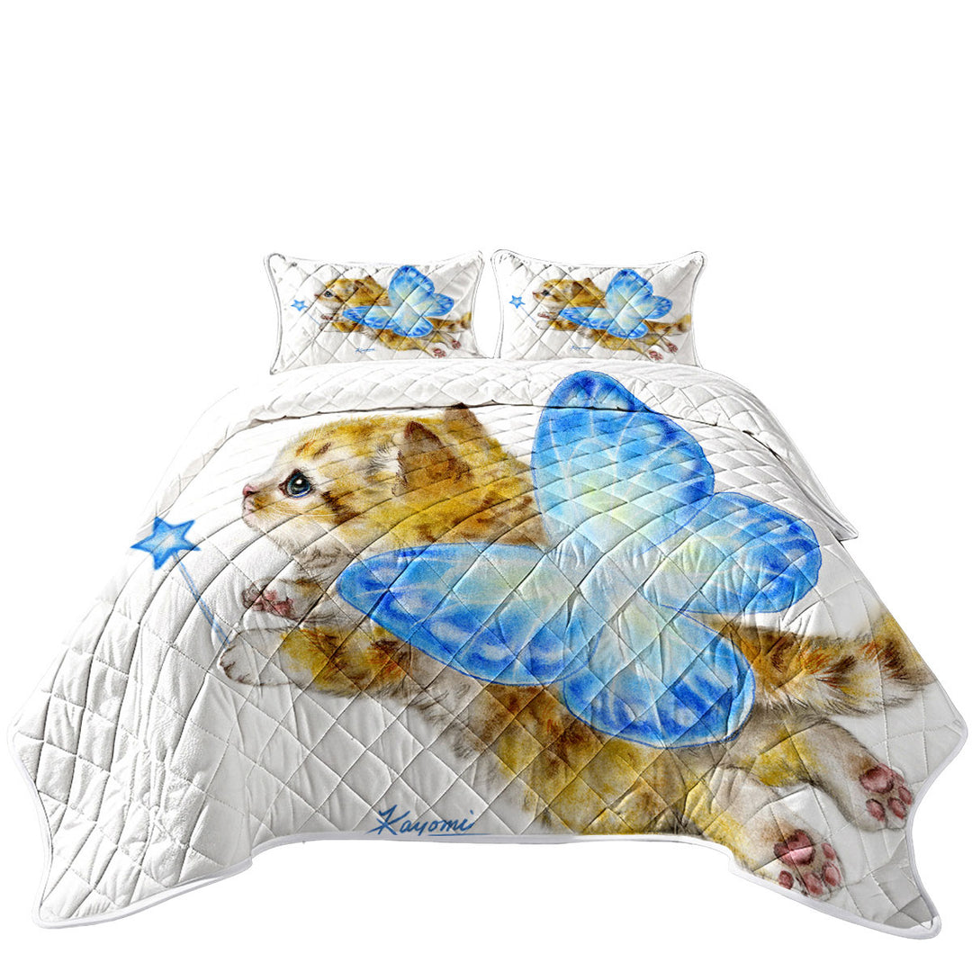 Fun Cats Cute Blue Fairy Kitten King Size Quilt