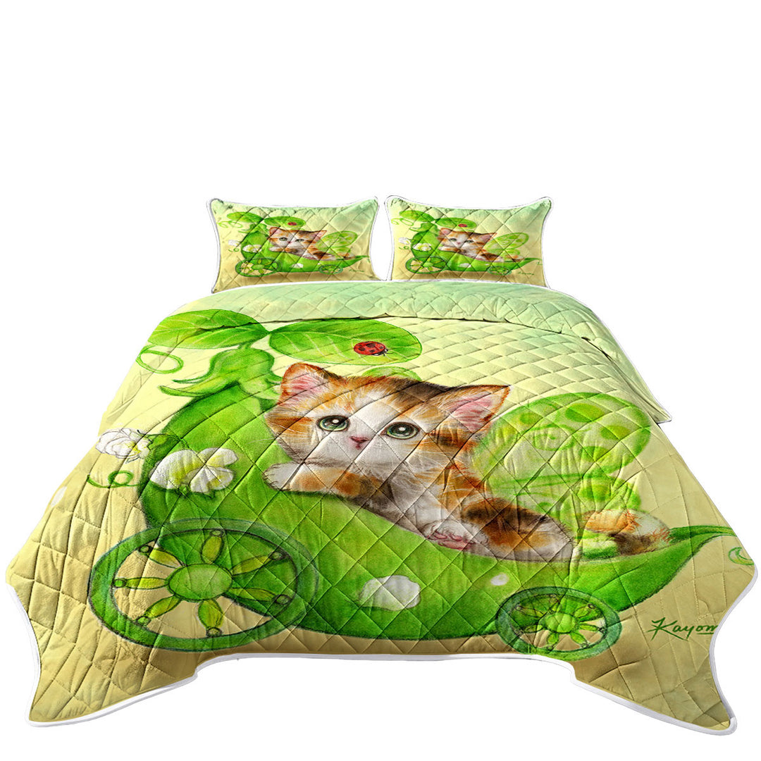 Fun Cats Cute Green Peapod Fairy Kitten Coverlet