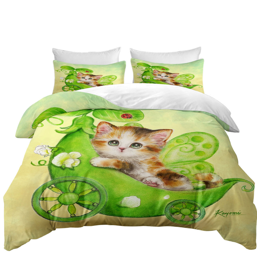 Fun Cats Cute Green Peapod Fairy Kitten Quilt Cover