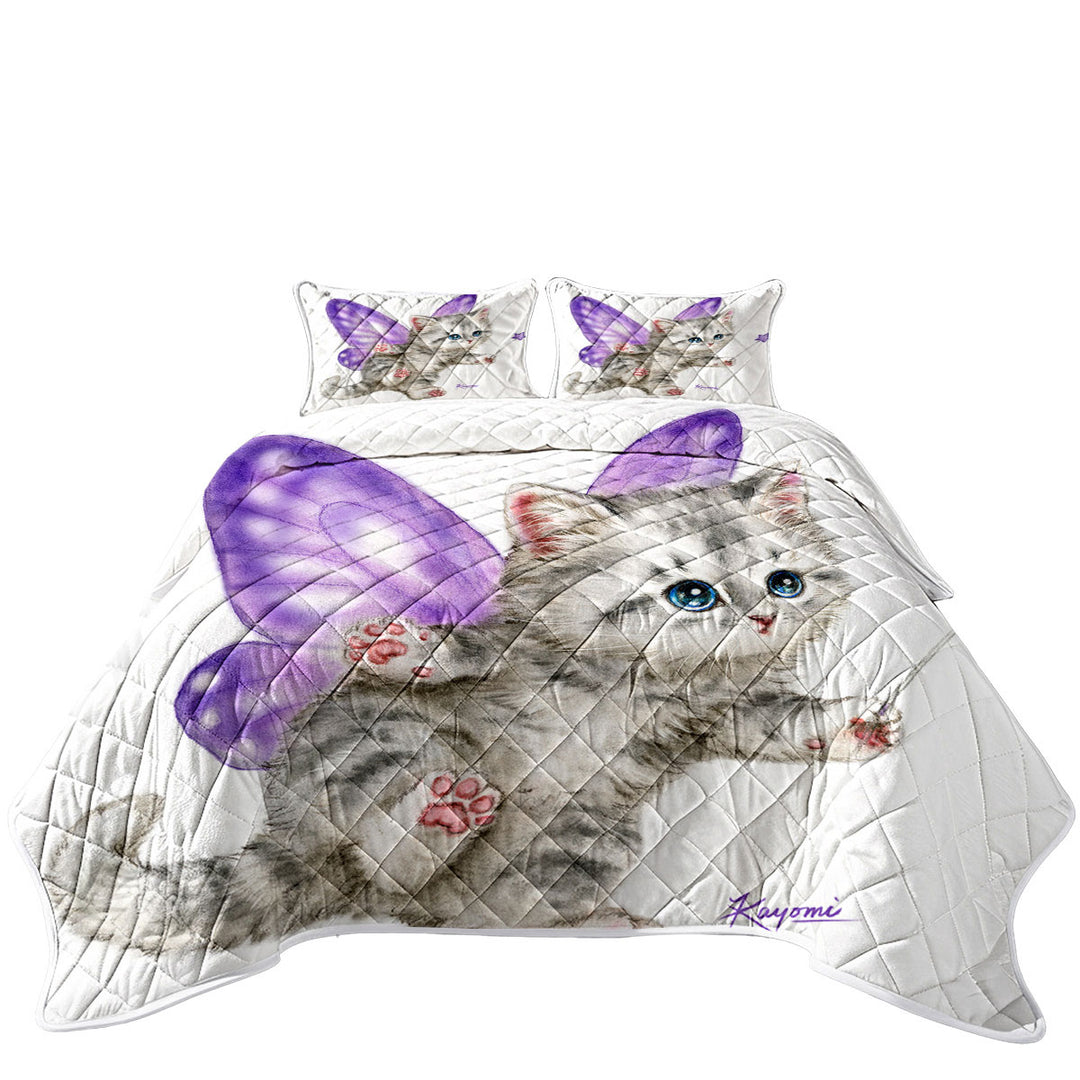 Fun Cats Cute Purple Fairy Kitten California King Quilt Sets