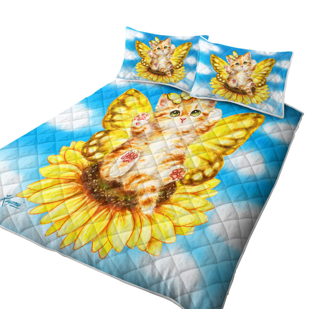Fun Cats Cute Yellow Sunflower Fairy Kitten Coverlets