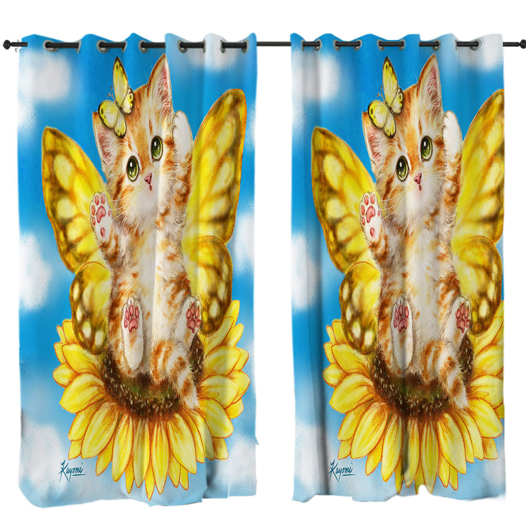 Fun Cats Cute Yellow Sunflower Fairy Kitten Curtains