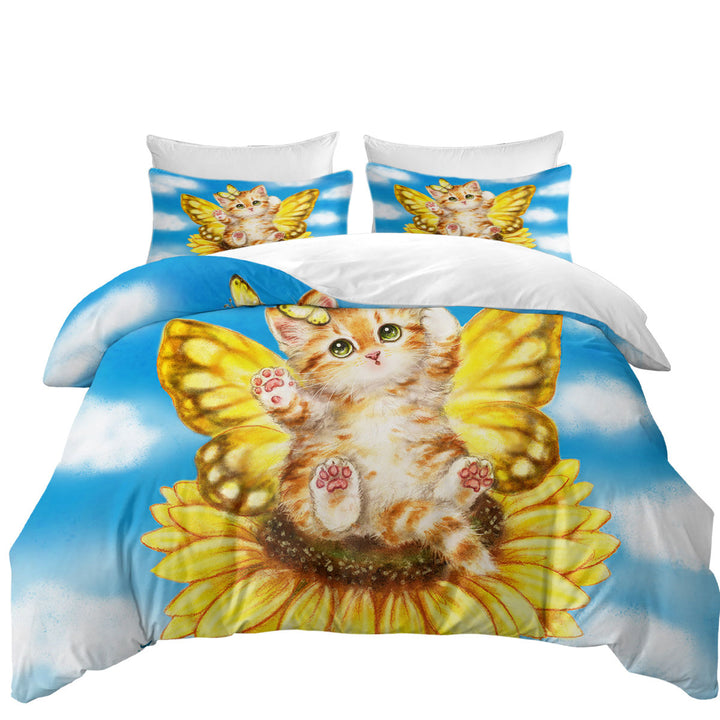 Fun Cats Cute Yellow Sunflower Fairy Kitten Duvet Cover