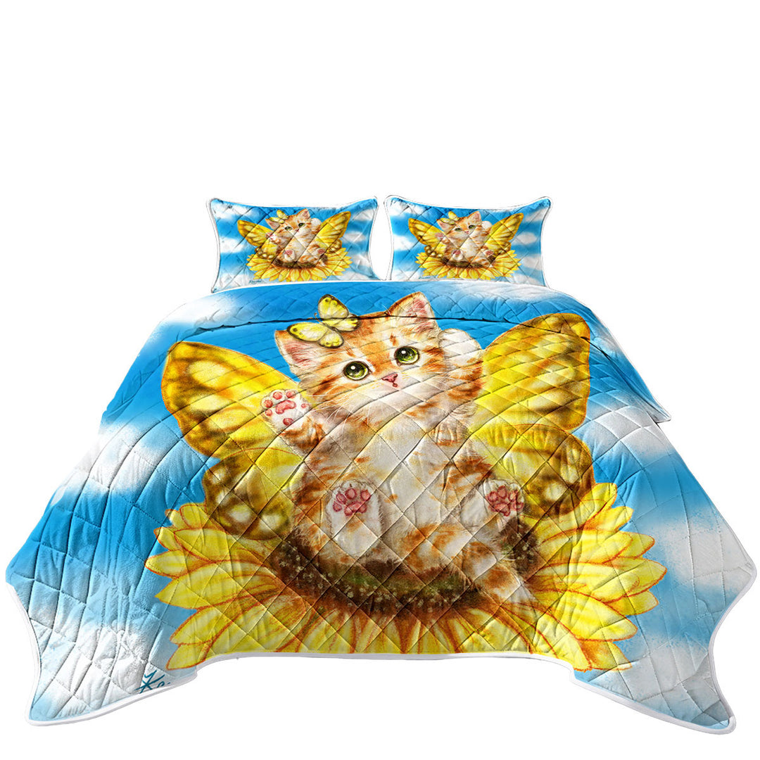 Fun Cats Cute Yellow Sunflower Fairy Kitten King Size Quilt Sets