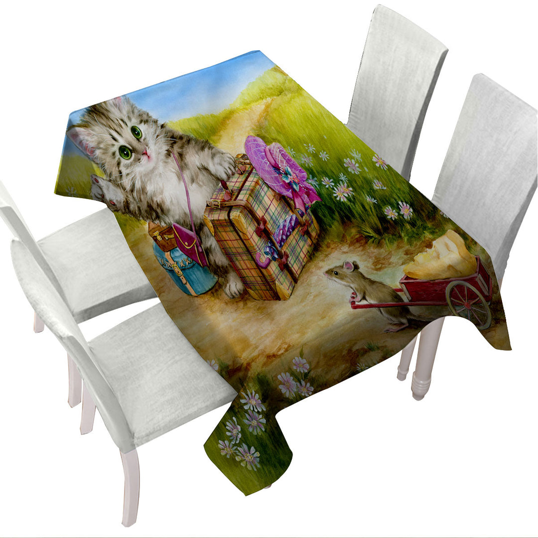 Fun Cute Cat Designs on the Road Mouse and Kitten Tablecloth