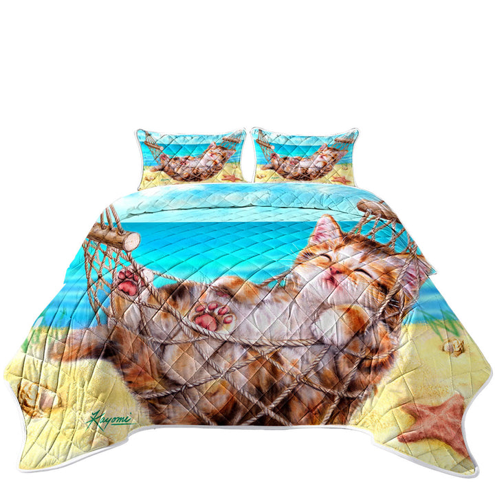 Funny Art Designs for Children Kitten Beach Time Coverlets