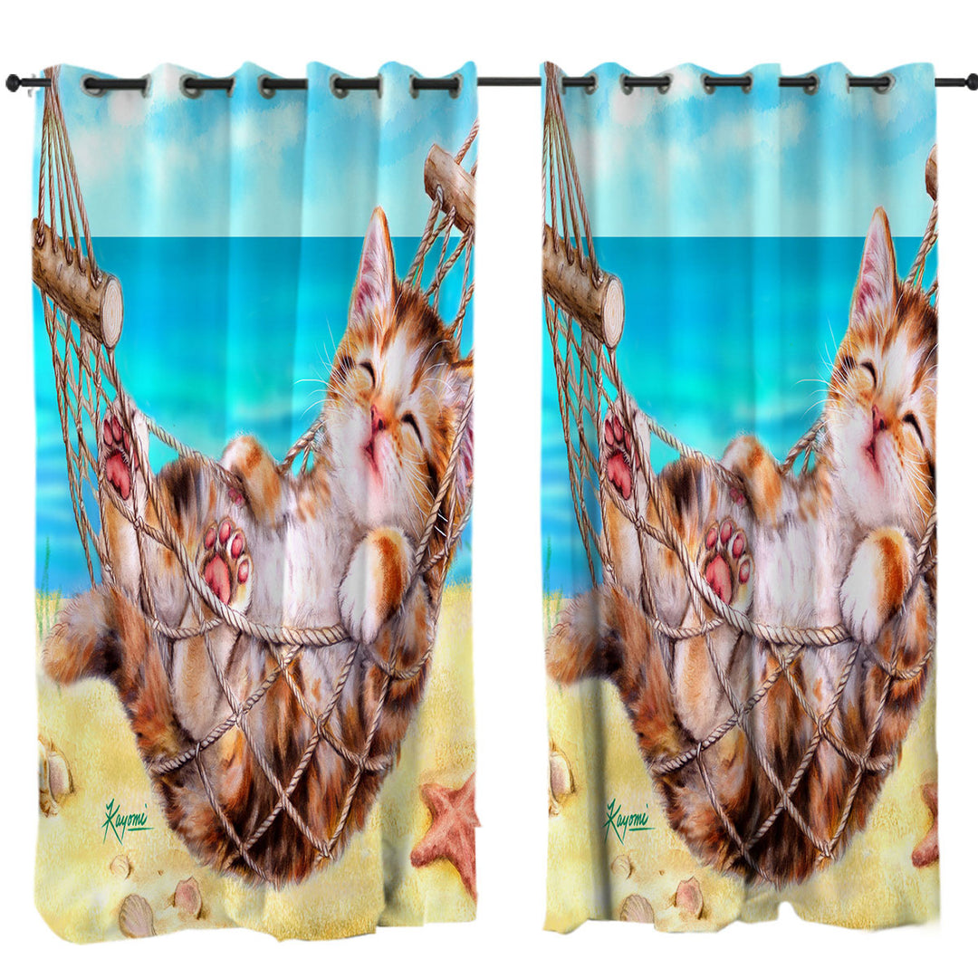 Funny Art Designs for Children Kitten Beach Time Curtains