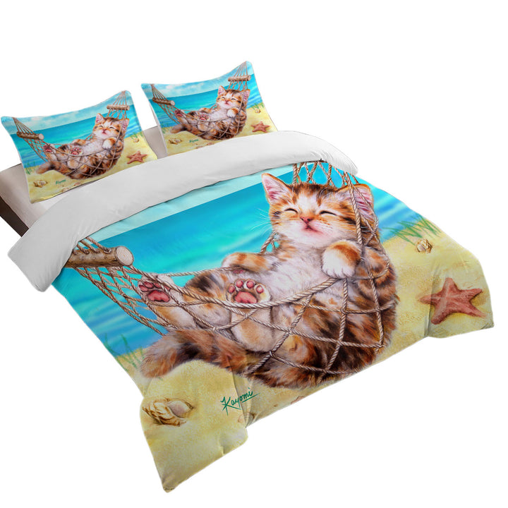 Funny Art Designs for Children Kitten Beach Time Duvet Covers King