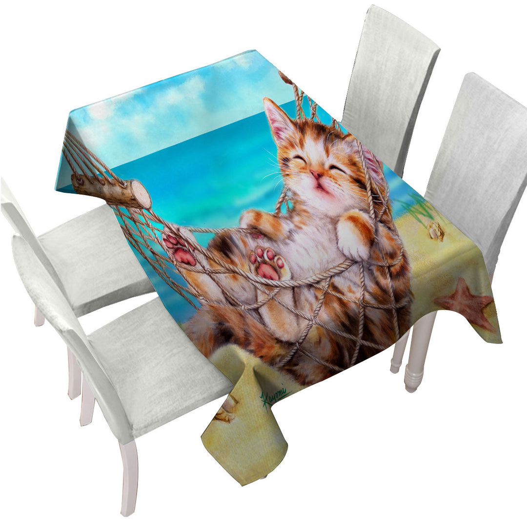 Funny Art Designs for Children Kitten Beach Time Tablecloths