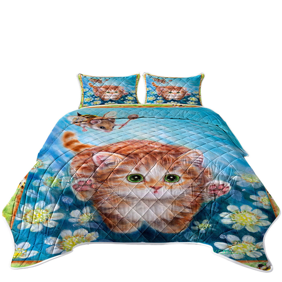 Funny Art Designs for Children Kitten vs Bee Mouse Coverlet