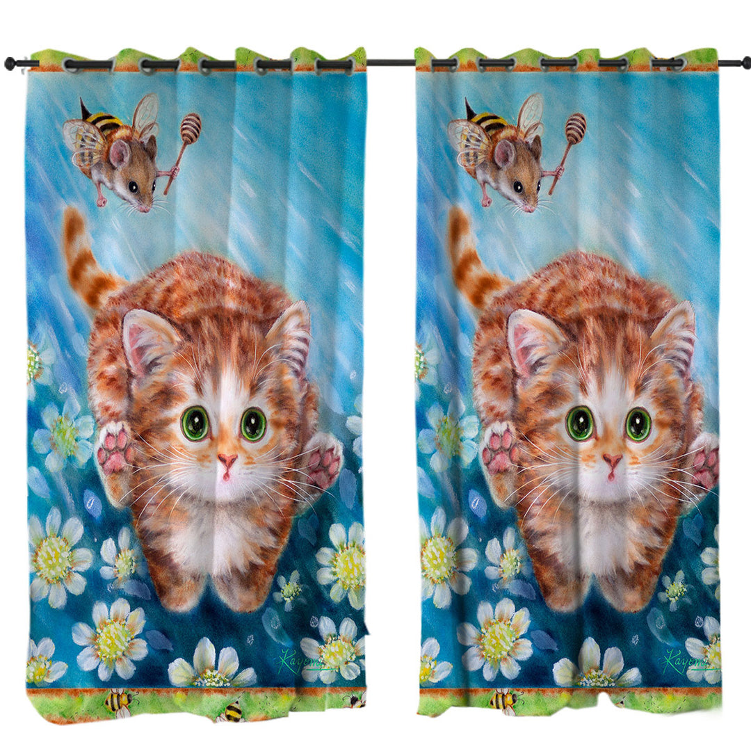Funny Art Designs for Children Kitten vs Bee Mouse Curtain