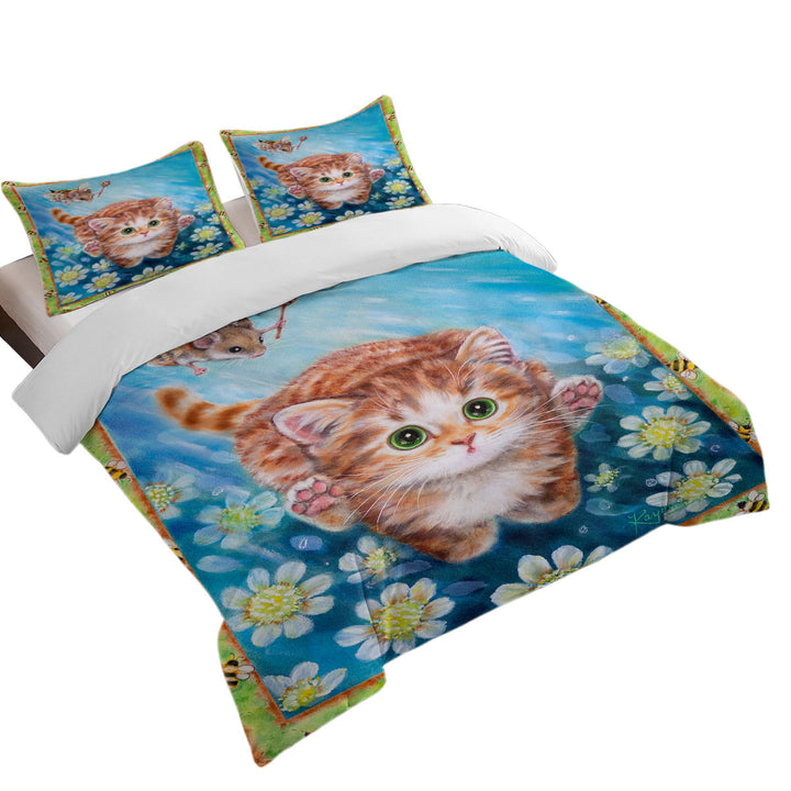 Funny Art Designs for Children Kitten vs Bee Mouse Duvet Cover Queen