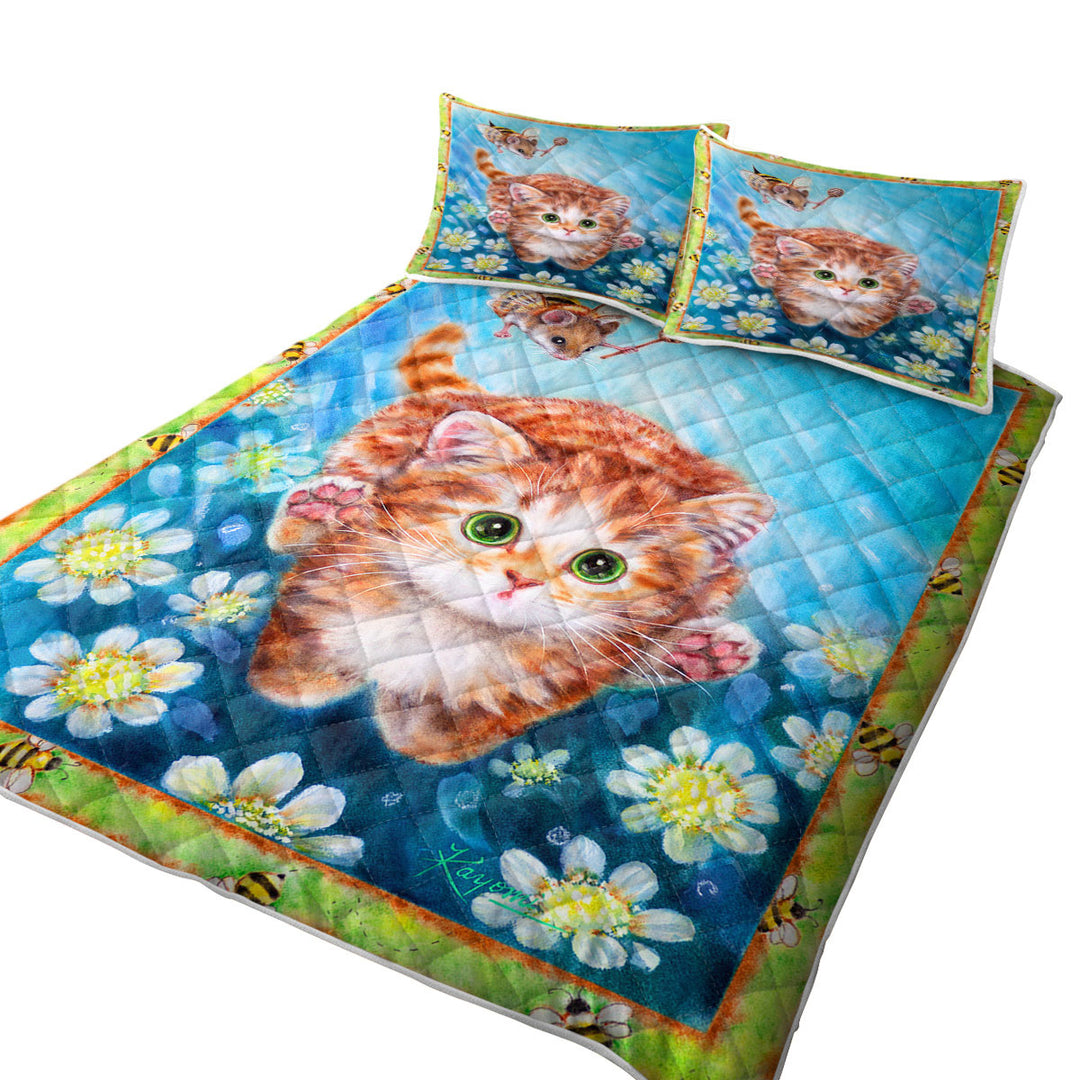Funny Art Designs for Children Kitten vs Bee Mouse Quilts