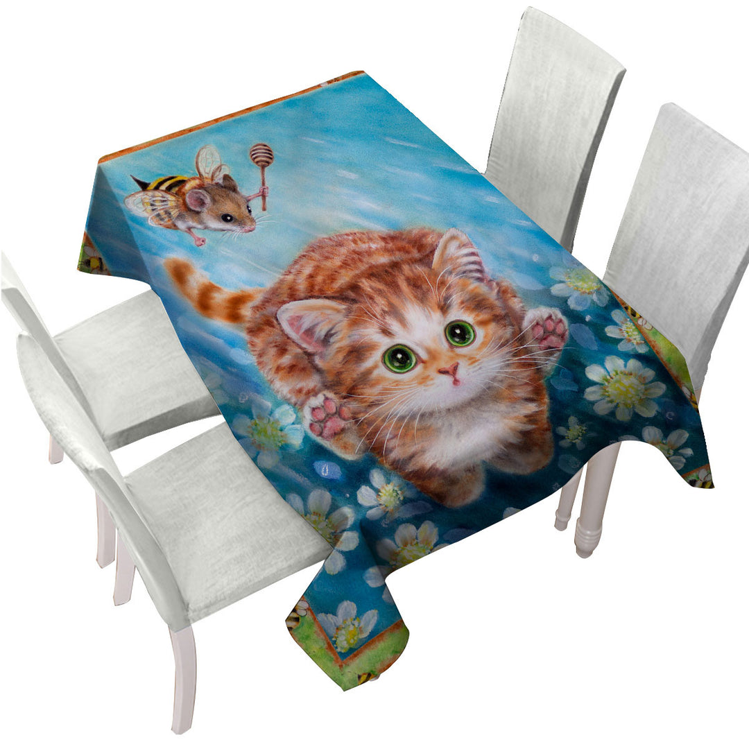 Funny Art Designs for Children Kitten vs Bee Mouse Tablecloth