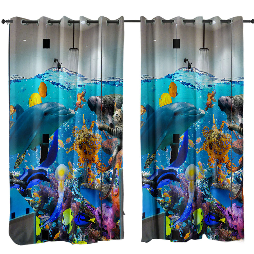 Funny Artwork Crazy Shower Room Marine Life and Cat Curtains