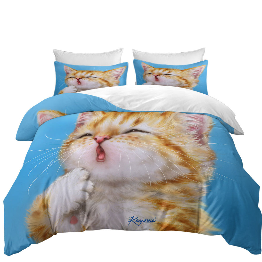 Funny Cat Art Paintings Yawning Ginger Kitten King Quilt Cover