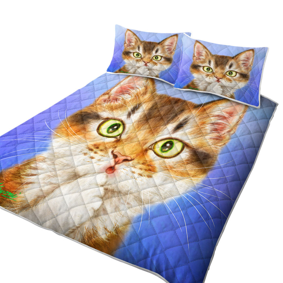 Funny Cat Faces Drawings Surprised Kitten Quilts for sale