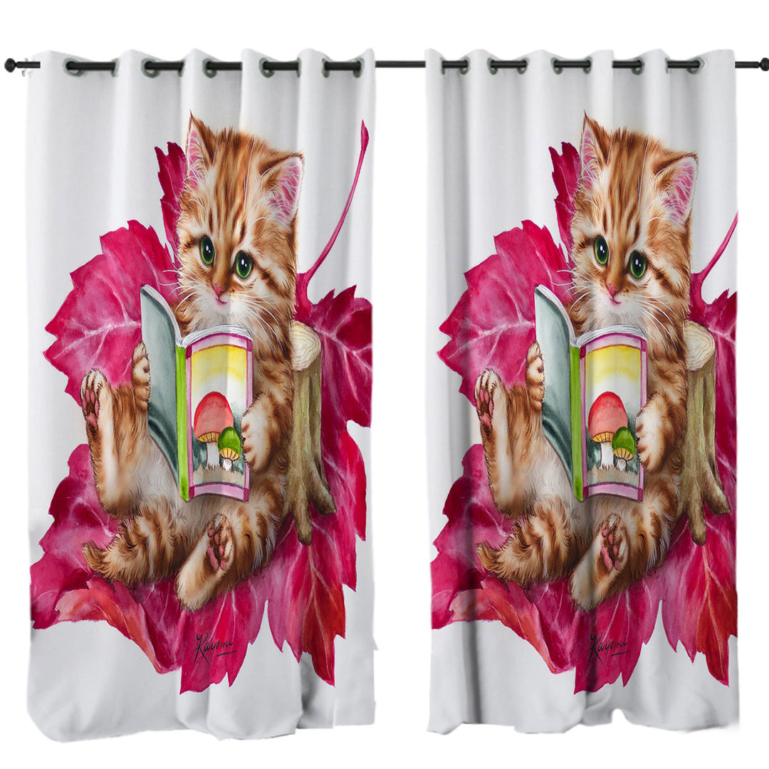 Funny Cat Ginger Kitten Reading a Book on Leaf Curtain