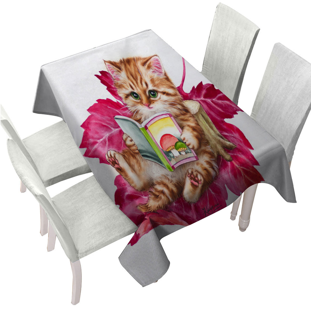 Funny Cat Ginger Kitten Reading a Book on Leaf Custom tablecloths
