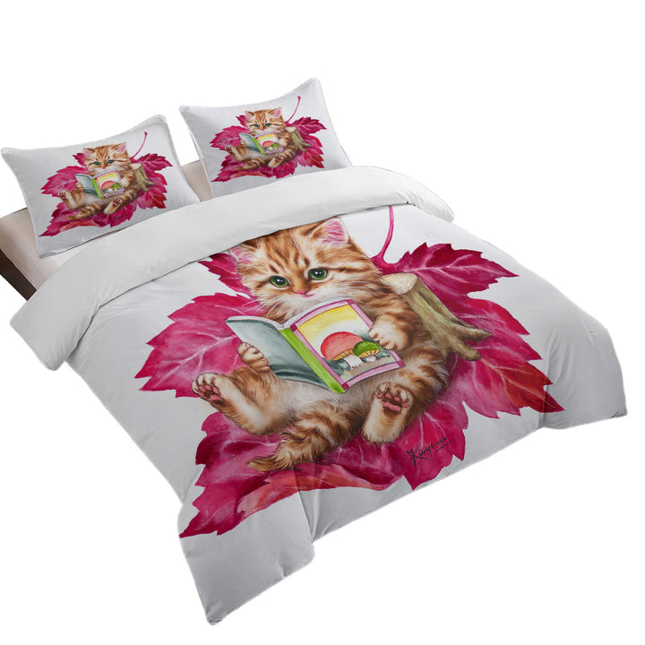 Funny Cat Ginger Kitten Reading a Book on Leaf Duvet Cover set