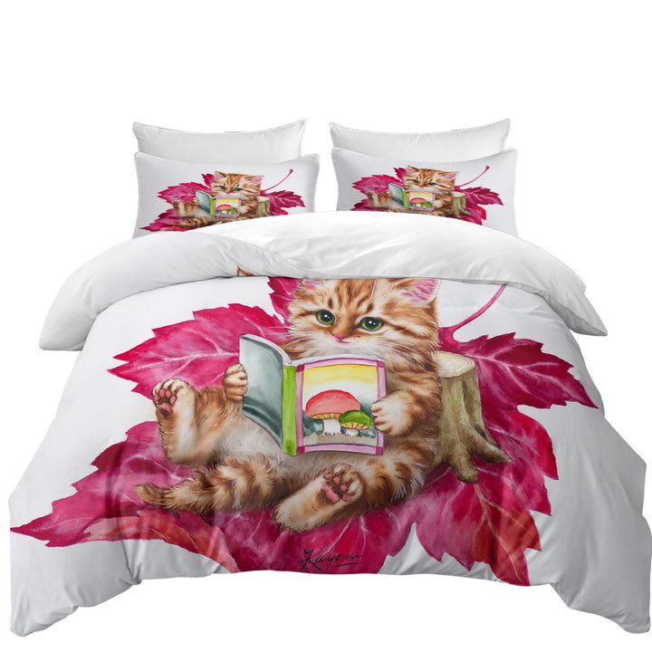 Funny Cat Ginger Kitten Reading a Book on Leaf Duvet Covers