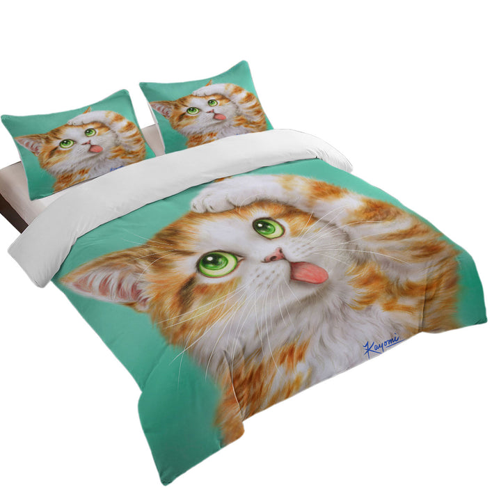 Funny Cat Prints Goofy Face Cute Ginger Kitten Queen Size Duvet Cover