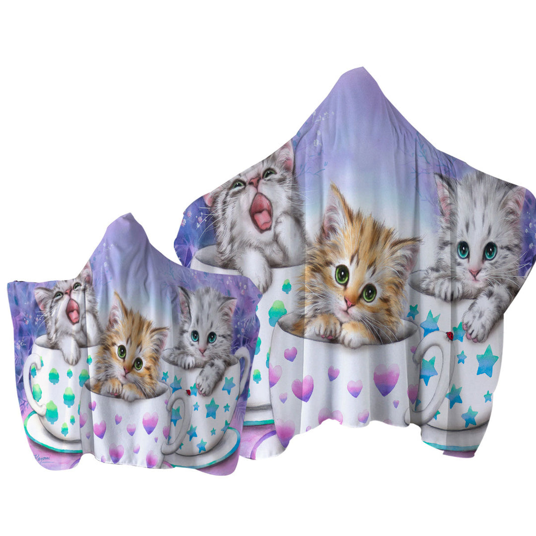 Funny Cats Art Coffee Cups with Cute Kittens Hooded Beach Towel