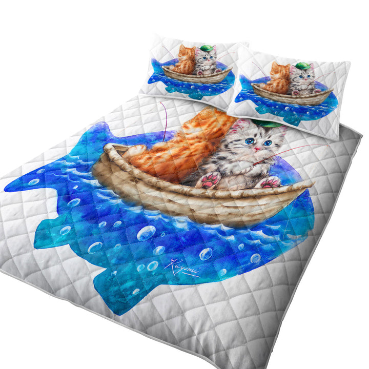 Funny Cats Art Drawing Fishing Buddies Kittens Coverlets