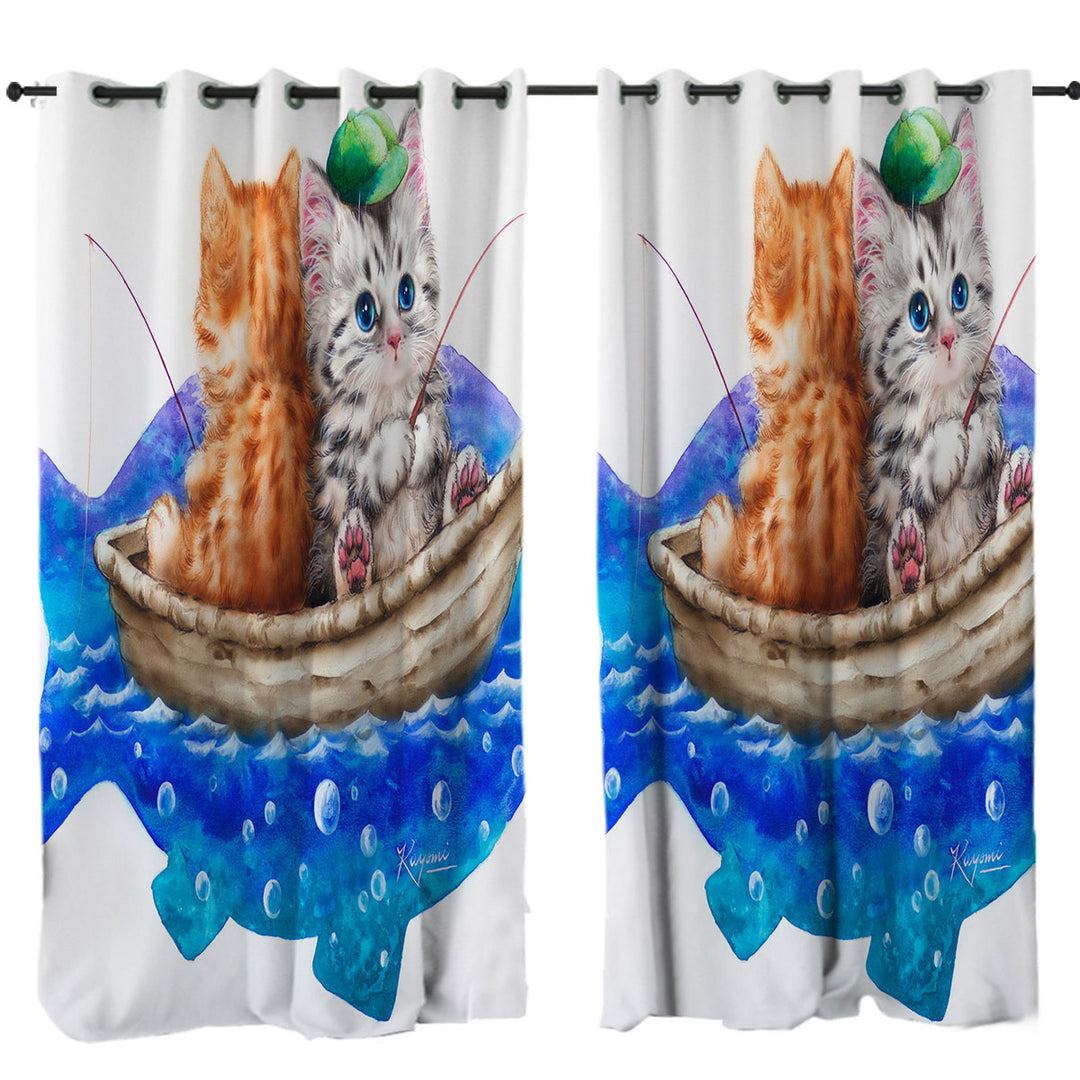 Funny Cats Art Drawing Fishing Buddies Kittens Curtains