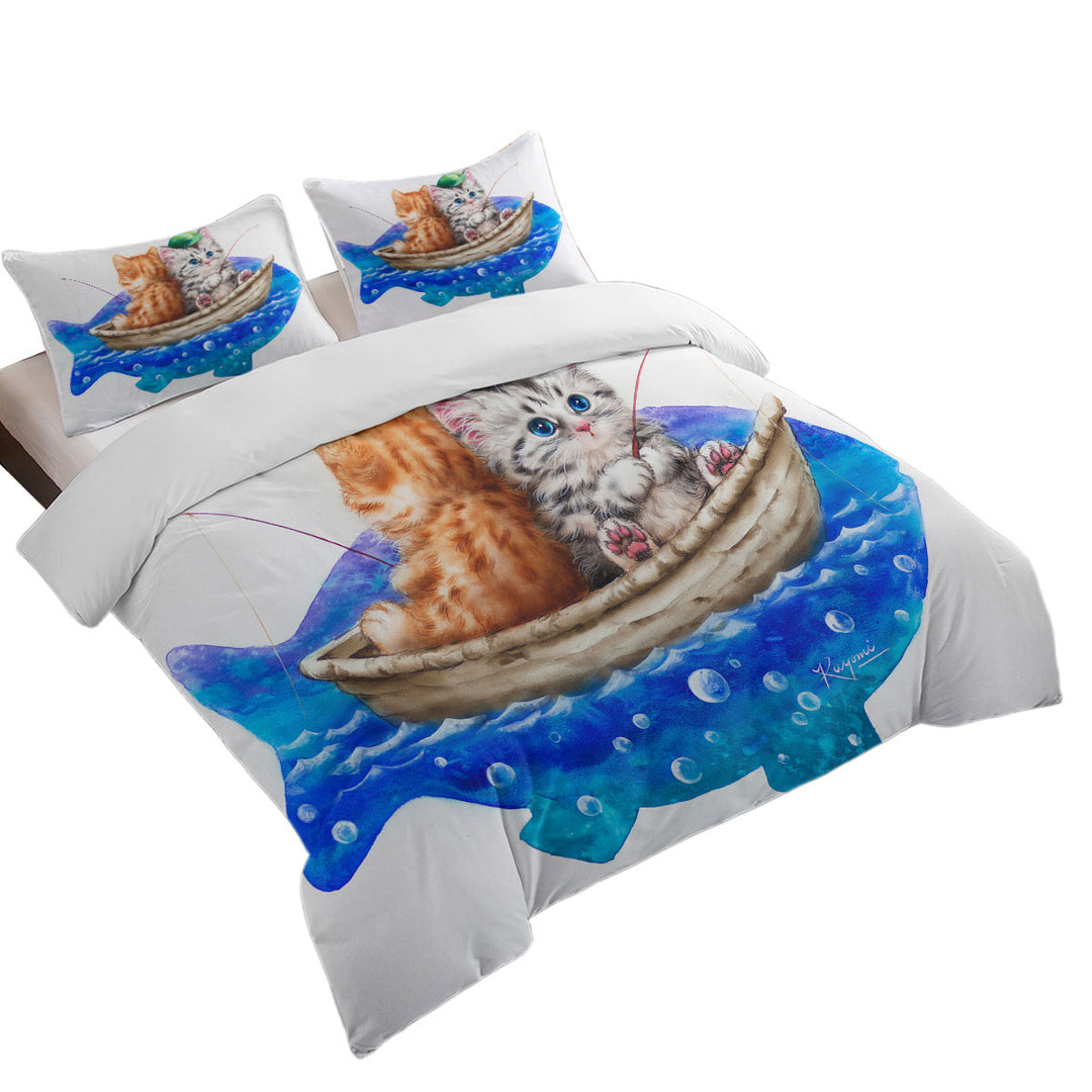 Funny Cats Art Drawing Fishing Buddies Kittens Duvet Covers King