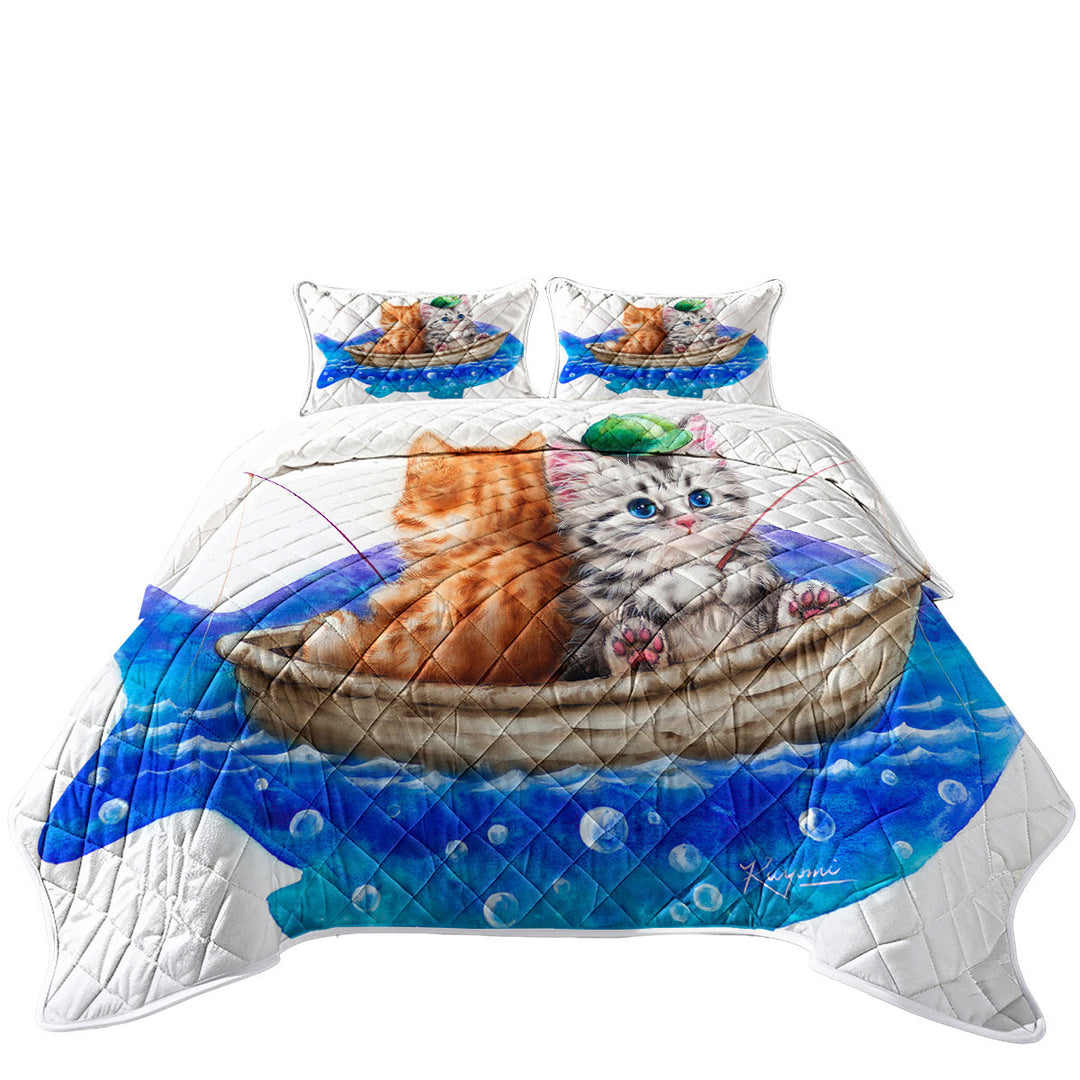 Funny Cats Art Drawing Fishing Buddies Kittens King Size Quilt Sets