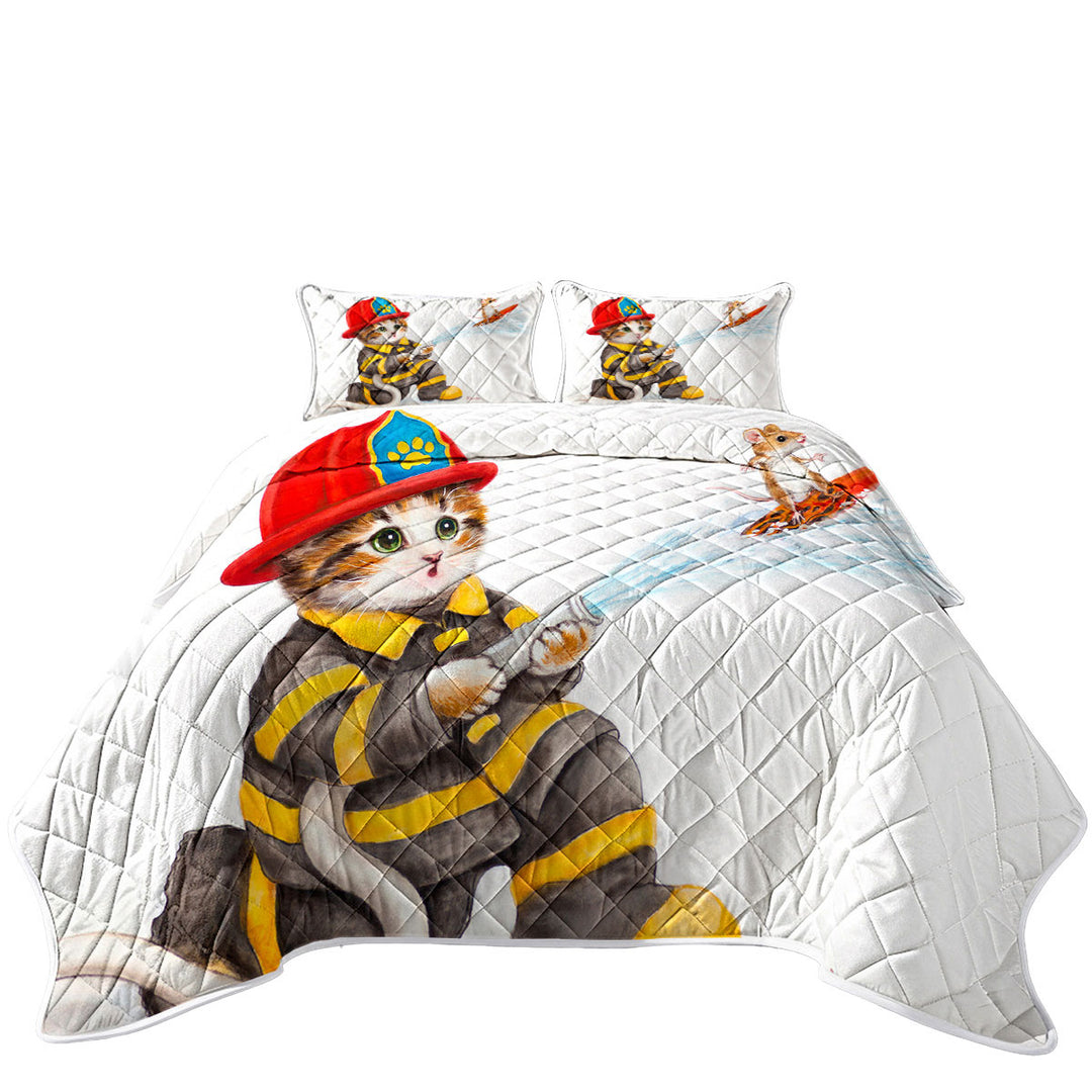 Funny Cats Cute Fire Fighter Kitten Coverlet