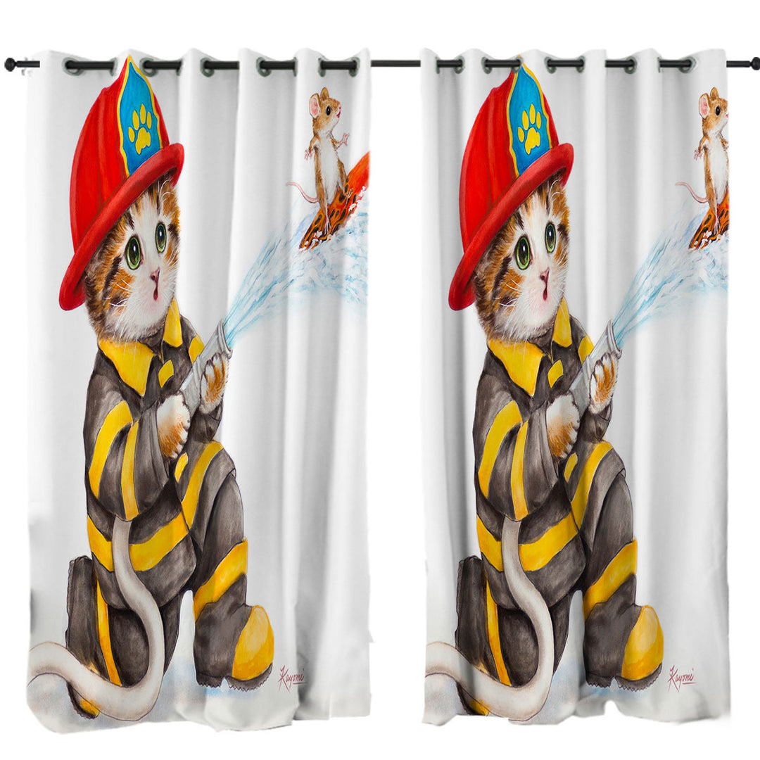 Funny Cats Cute Fire Fighter Kitten Window Curtains